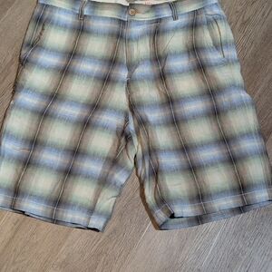 Mens Plaid Linen Shorts in Blue and Tan Size 36